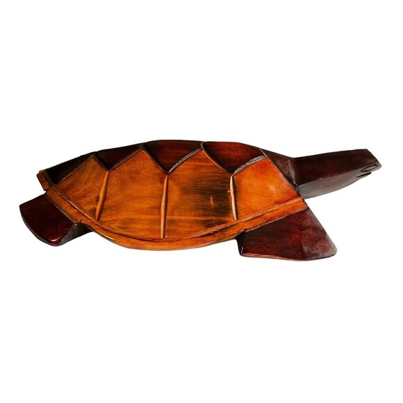 Vintage Sea Turtle Figurine Hand-Carved Wooden Two Tone 12" Long - Picture 4 of 12